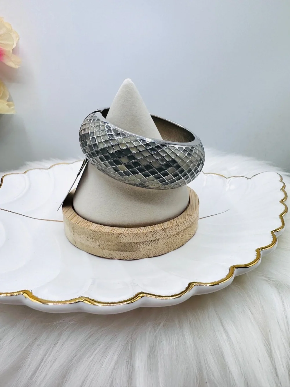 Silver Tone Mosaic Tile Wide Bangle Bracelet Statement Cuff Nordstrom - Picture 4 of 7